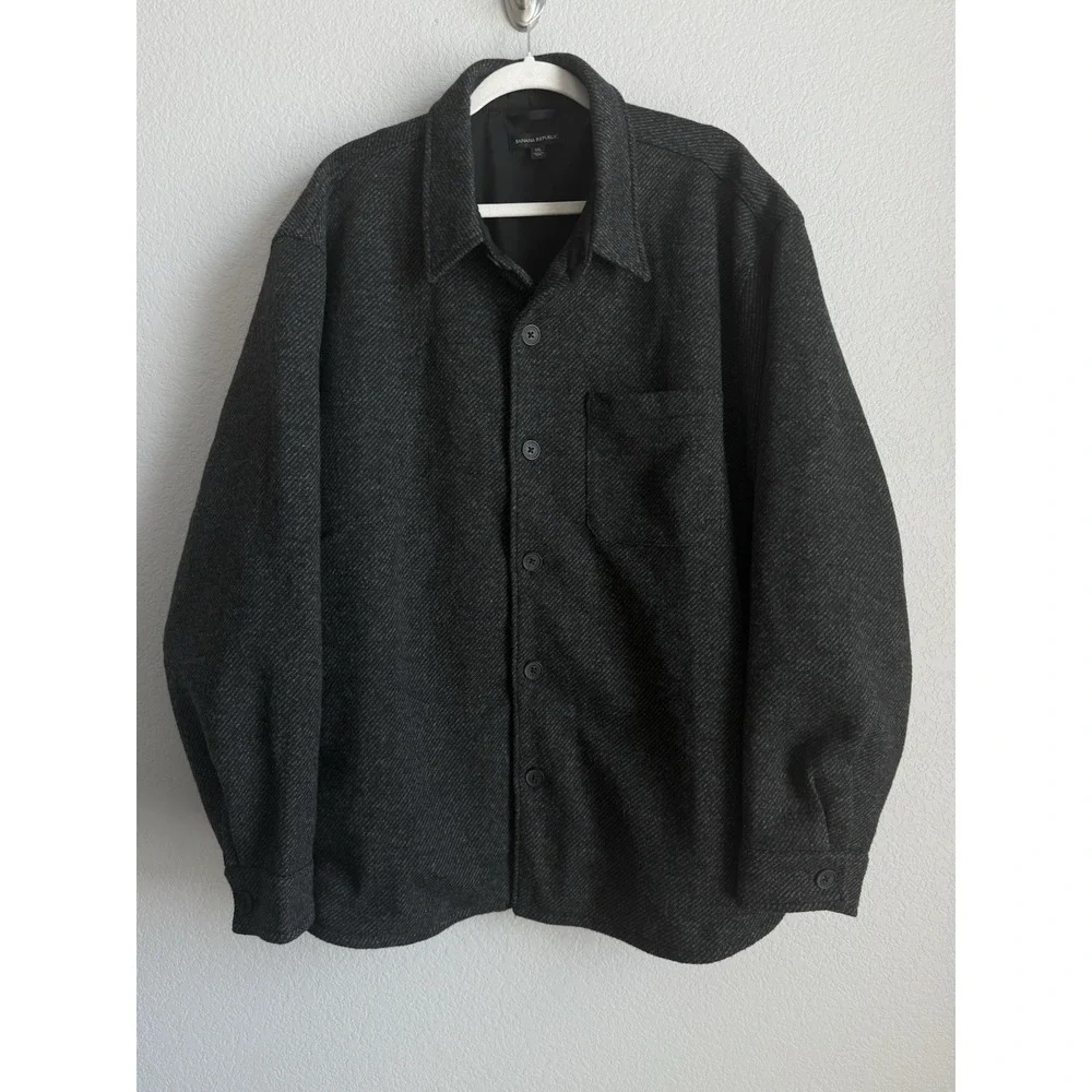 Banana Republic Charcoal Black Herringbone Tweed Shacket Shirt Jacket Men's XXL